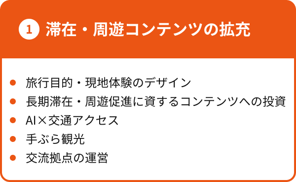 滞在・周遊コンテンツの拡充 旅行目的・現地経験のデザイン 長期滞在・周遊促進に資するコンテンツへの投資